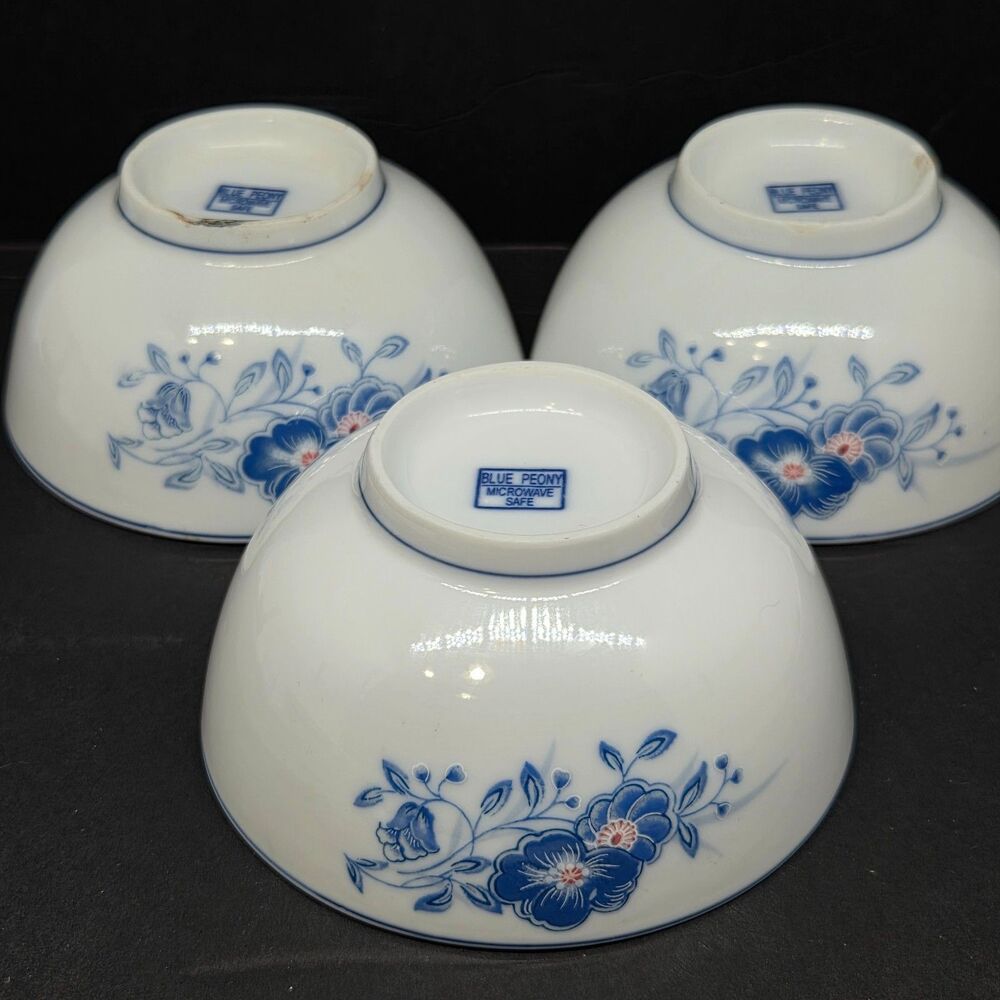 Blue Peony Porcelain Set Of 3 Blue On White 6" Rice Bowls Read Description